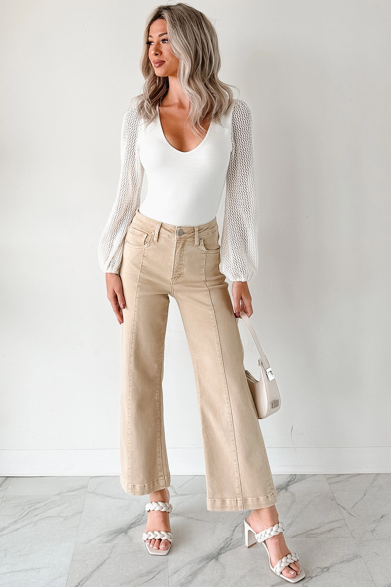 Stretch Fabric Fit Routine Maizie Tummy Control Wide Leg Cropped Risen Jeans (Latte)