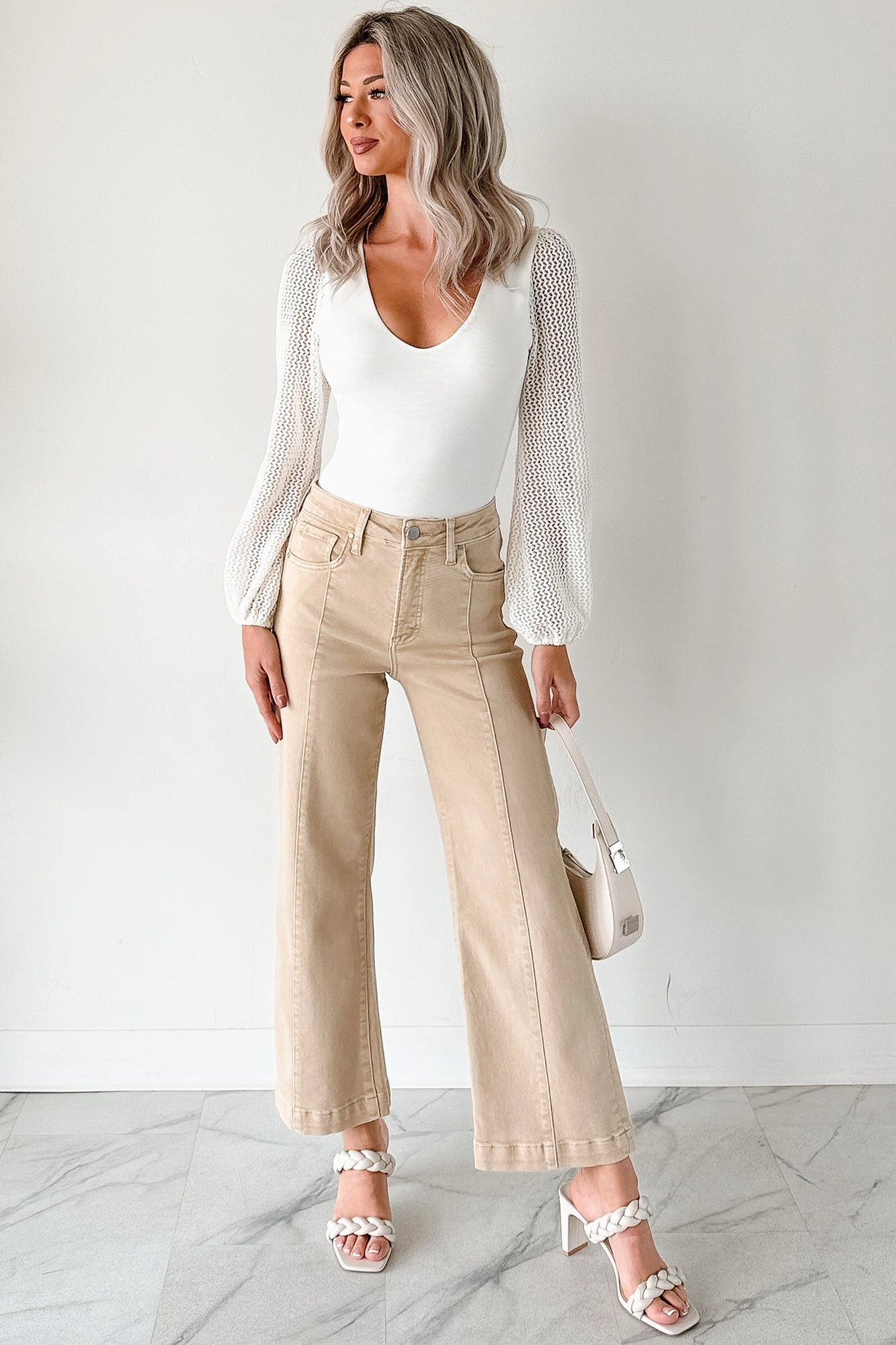 Maizie Tummy Control Wide Leg Cropped Risen Jeans (Latte) No Bulk Seam Design