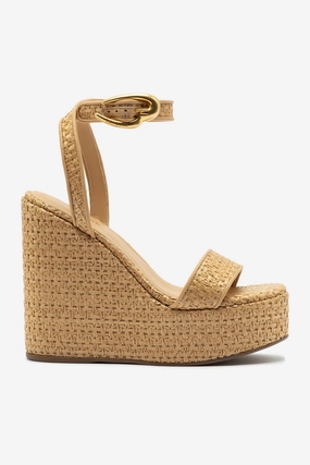 Versatile Travel Shoes Cushion Lining Verona Hi Wedge In Beige Leather and Natural Raffia