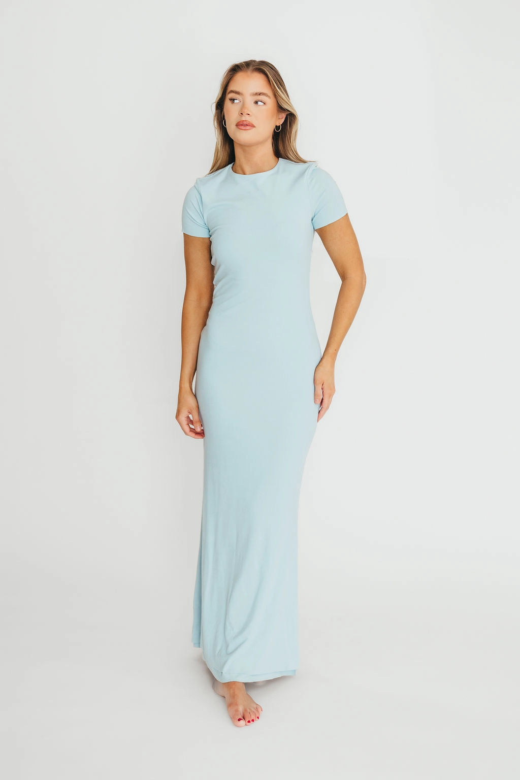 The Charlie Ribbed Maxi Dress in Baby Blue -Bump Friendly Daily Confidence