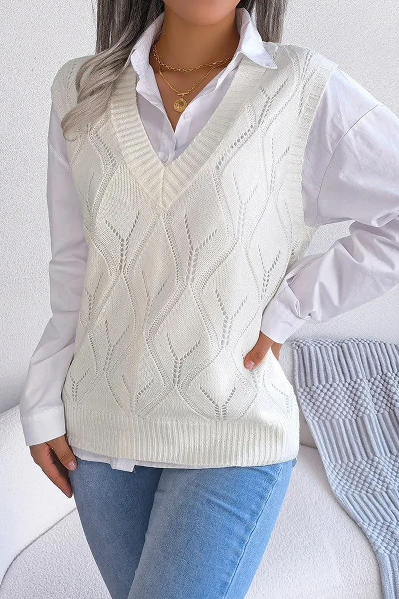 Classic Knit Unisex style WOMEN PUNCHING KNITTED LOOSE FIT SWEAT VEST