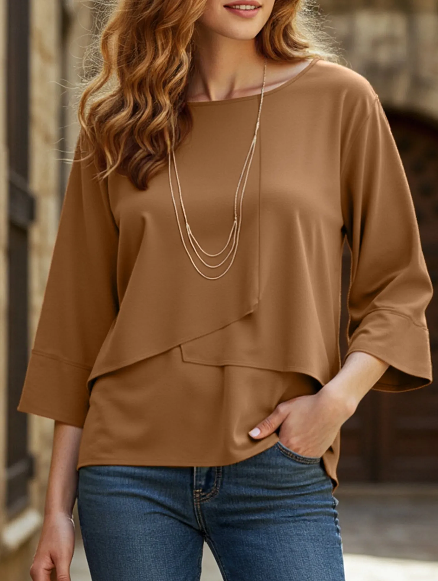 Casual crew neck double-layer top shirt FlexibleSole DroppedShoulder