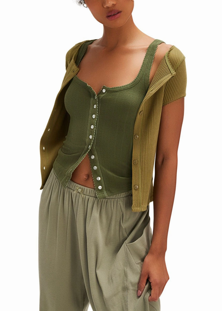 End Game Pointelle Tank - Army Ethically Sourced Yarn