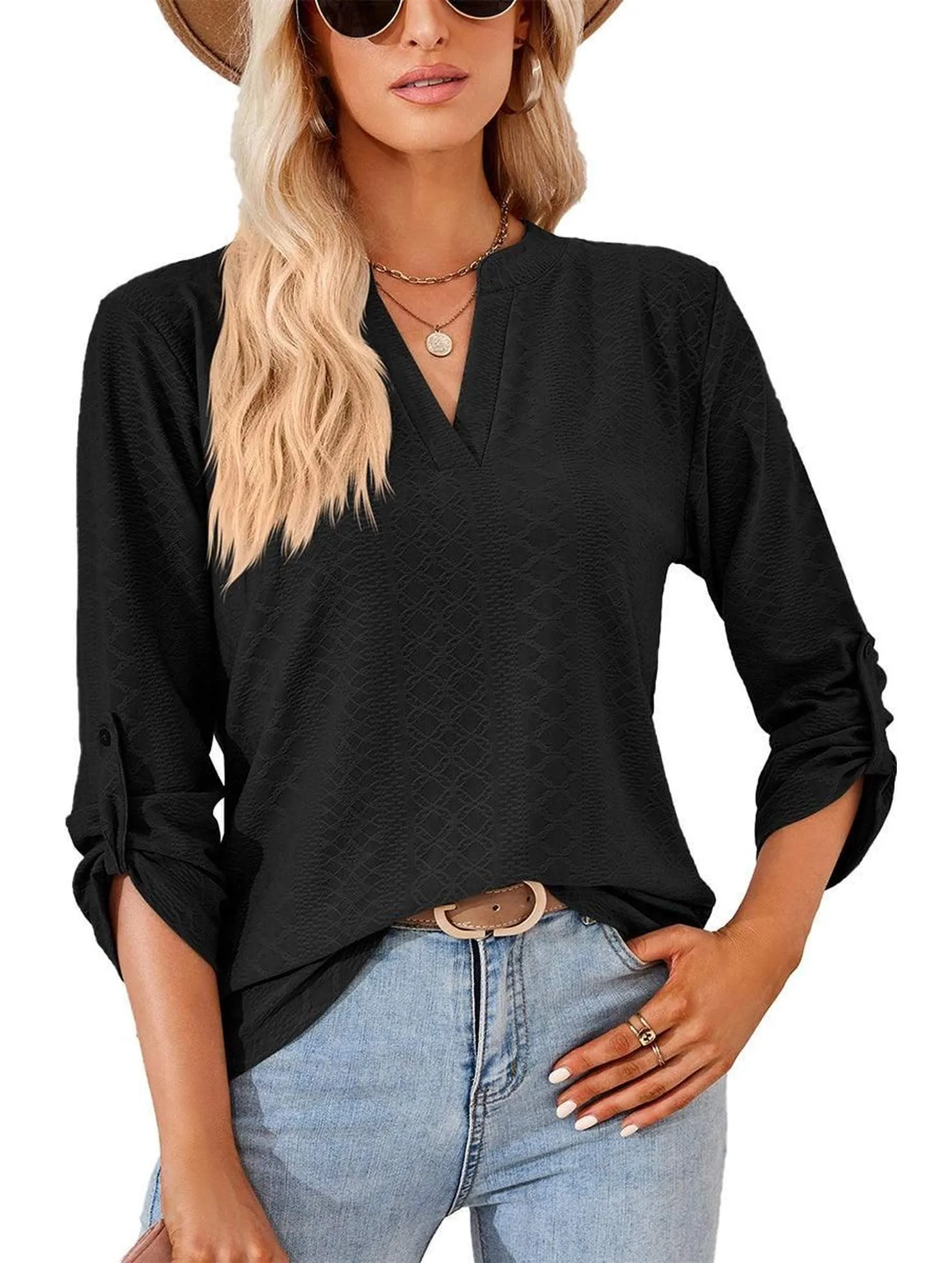 Seam Free Edging Fresh Comfort Style THREE QUARTER SLEEVE V NECK TOP