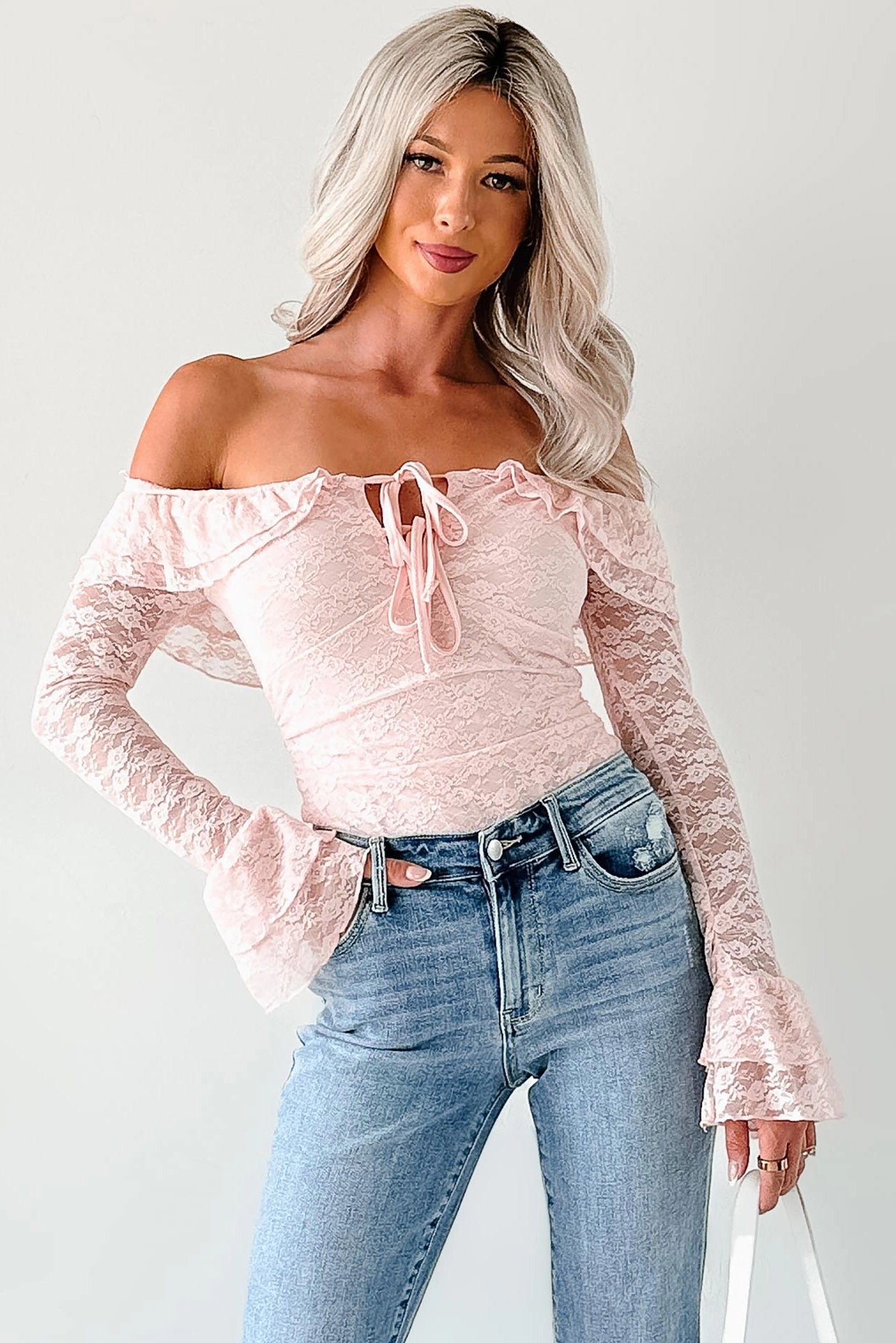 Ultra Stretch Full-Length Wear Throne Ready Off The Shoulder Lace Bodysuit (Blush)