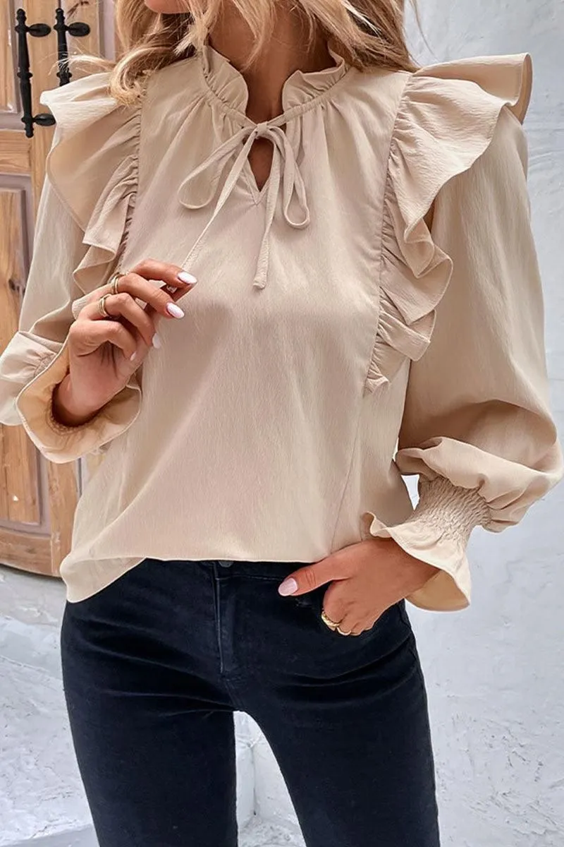 TIED NECK FUNGUS SLEEVE SOLID BLOUSE Odor-resistant certified