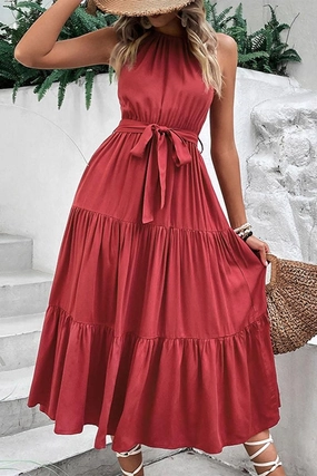 TIED WAIST TIERED HALTER DRESS Versatile dress for layering