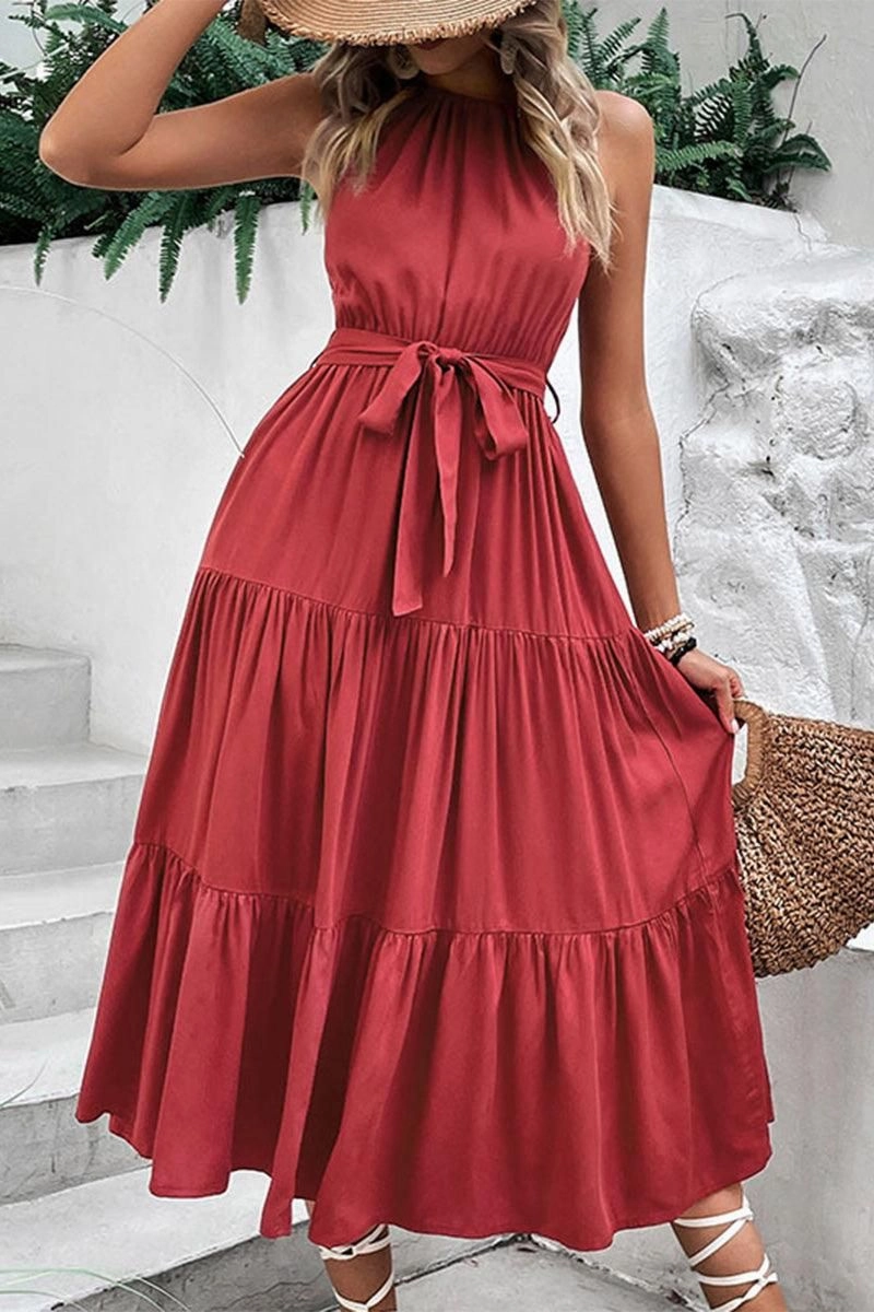 Confident Touch All-Season Comfort TIED WAIST TIERED HALTER DRESS