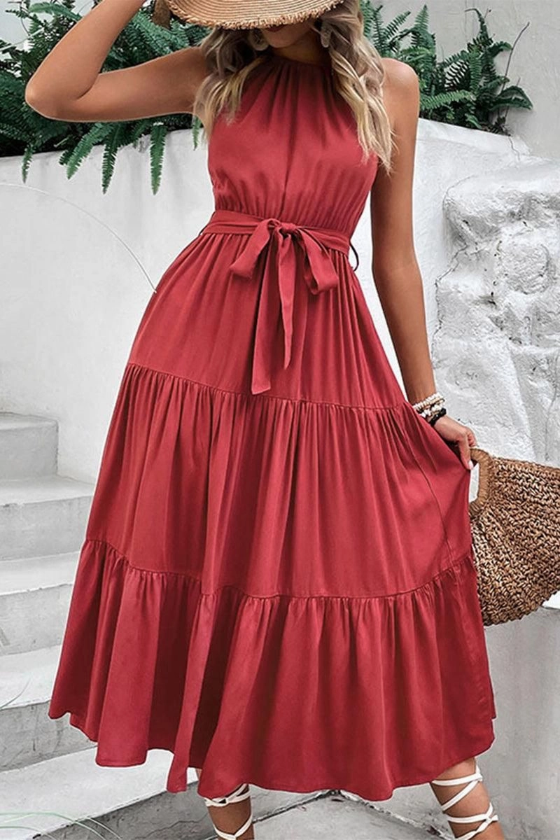 sweet moment Light Weave TIED WAIST TIERED HALTER DRESS