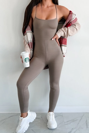 Time To Walk Away Lace-Up Back Jumpsuit (Taupe) Relax Guest