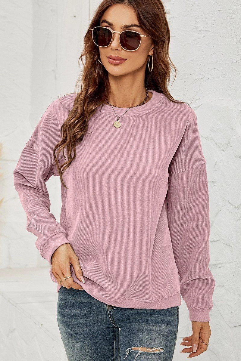 WOMEN CORDUROY ROUND NECK PULLOVER SWEATER Adult sophistication