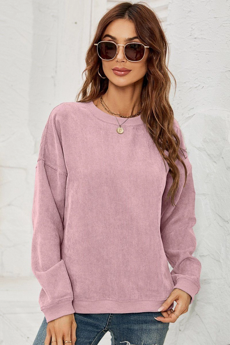 WOMEN CORDUROY ROUND NECK PULLOVER SWEATER Comfy and Stylish Warm Layers