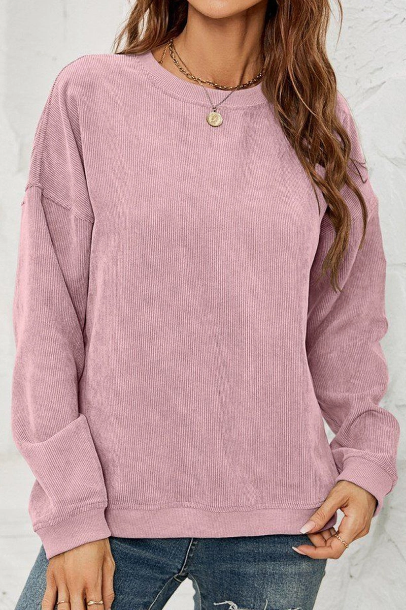 Anti Pilling Surface Elastic hem WOMEN CORDUROY ROUND NECK PULLOVER SWEATER