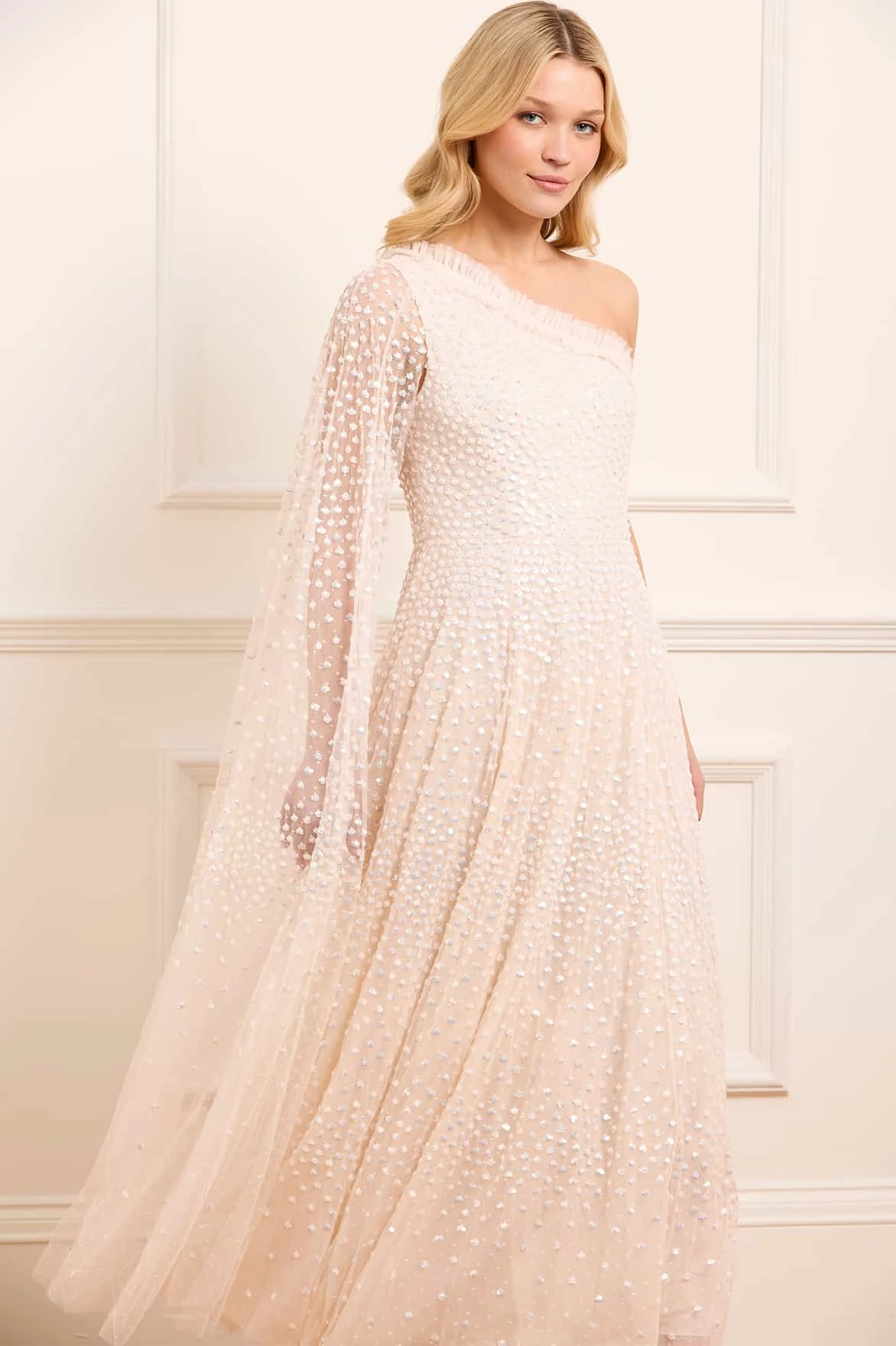 Scatter Dot One-Shoulder Ankle Gown Jewel Accent