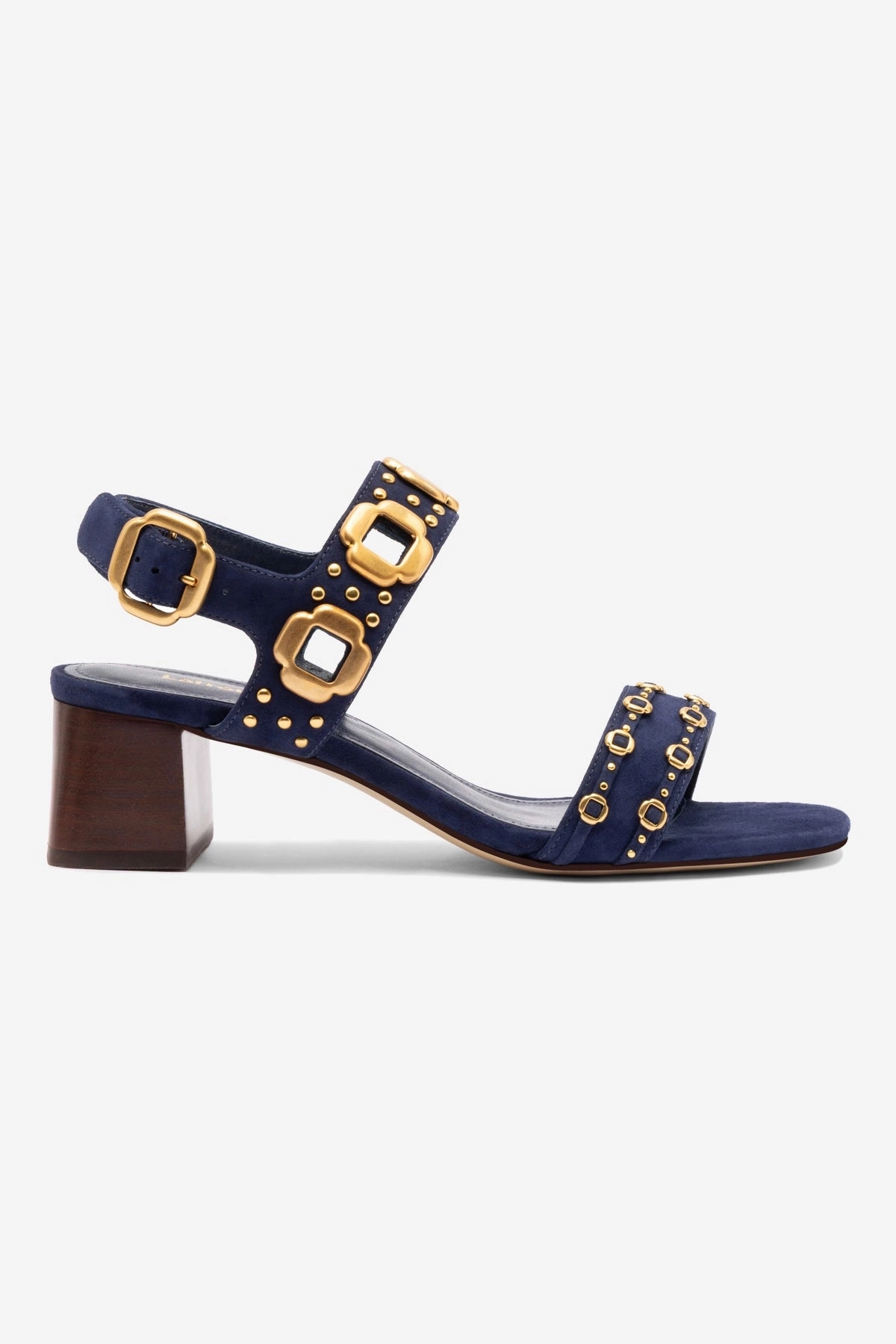 Milan Studs Block Sandal In Navy Suede Versatile Strap Configuration