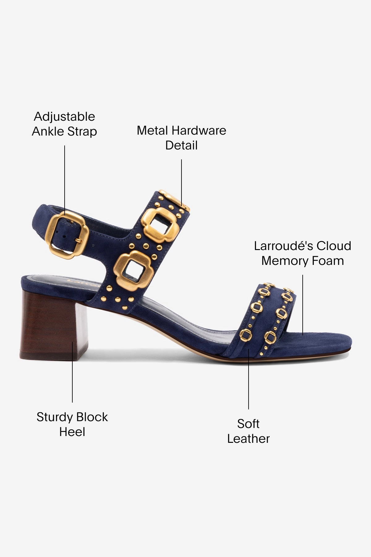 Milan Studs Block Sandal In Navy Suede Minimal Feel Flat