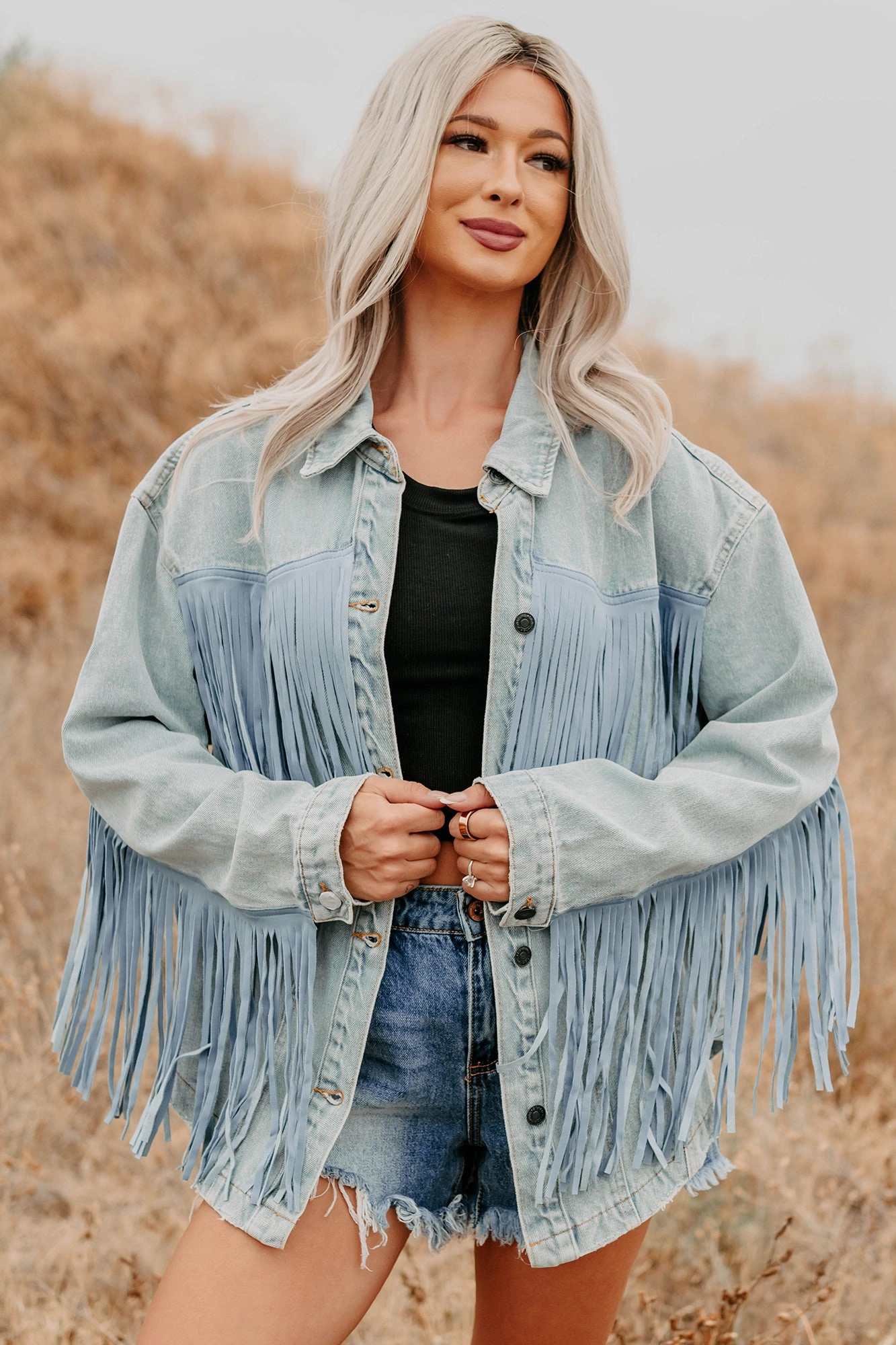 Trailblazing Style Signature 8 Fringe Denim Jacket (Medium Denim) Flexible Joint Mobility Autumn Ready