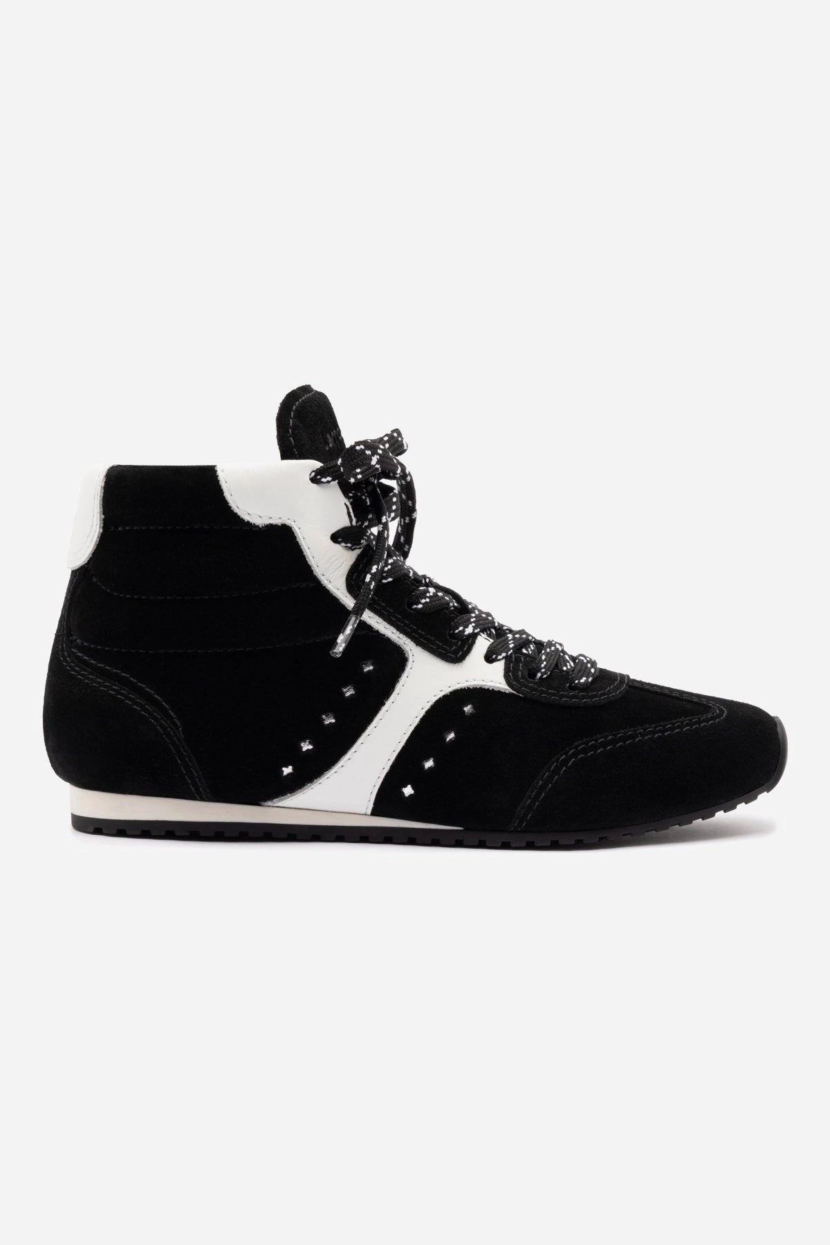 Stella Mid Sneaker In Black Suede and White Leather Easy Access