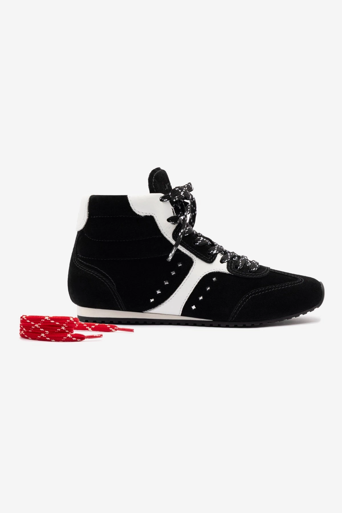 Stella Mid Sneaker In Black Suede and White Leather Stay Flexible