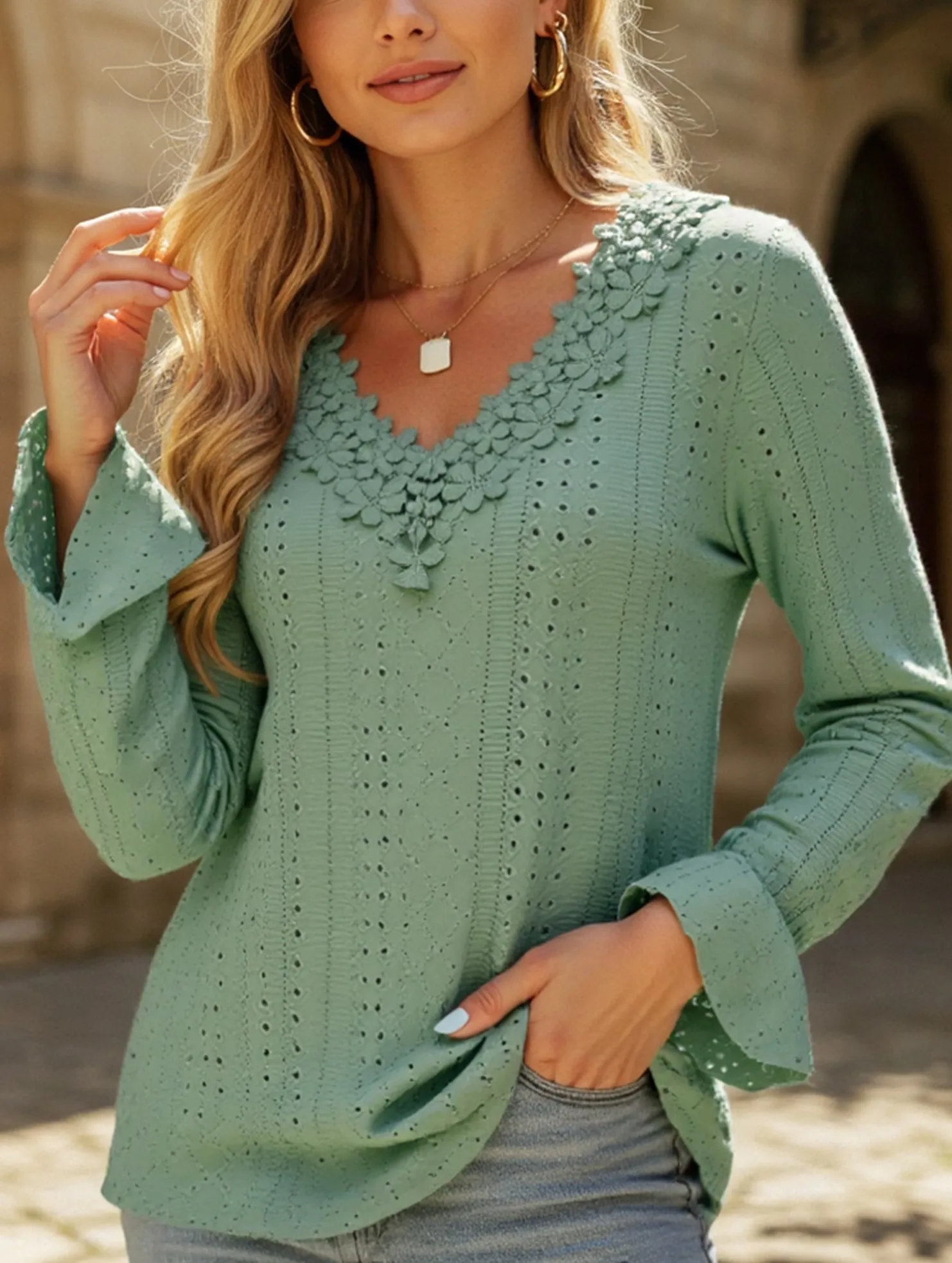Heather Jersey Material Comfortable and stylish Vintage Hollow Crochet V-Neck Long Sleeve Shirt