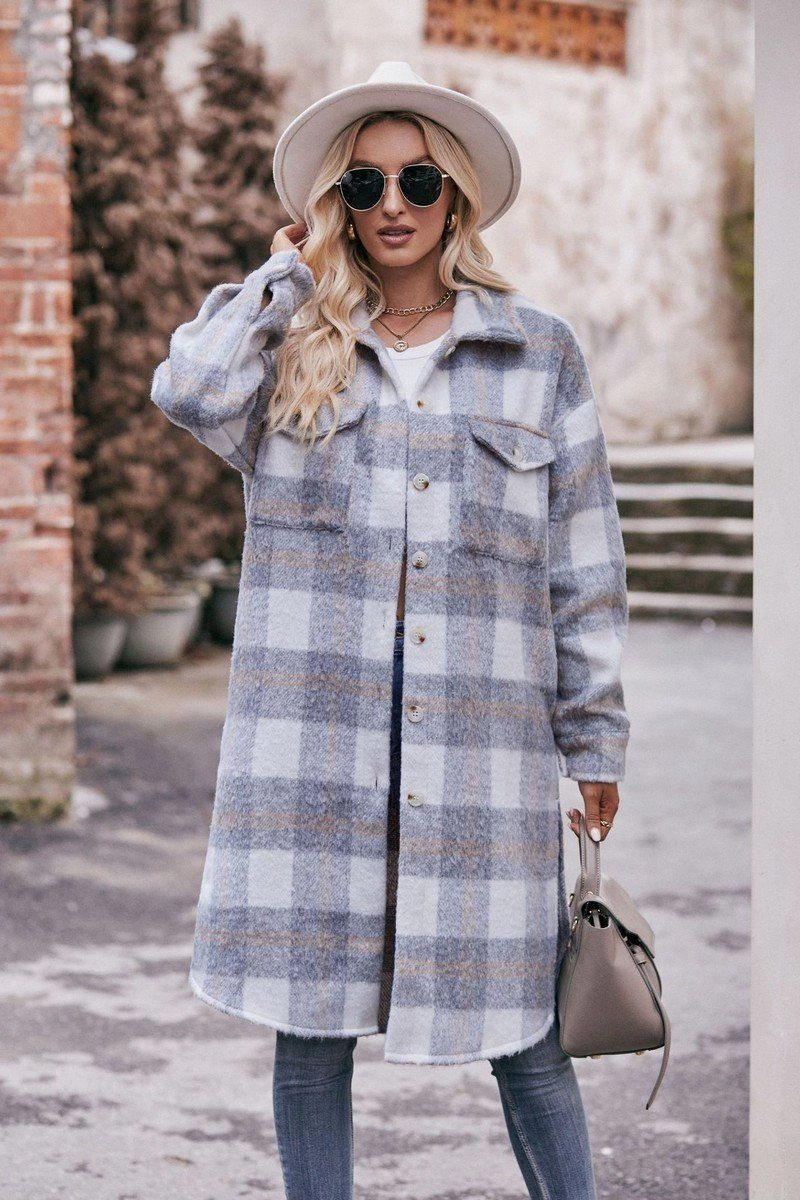 Wrinkle Free Texture Minimalist Aesthetic WOMEN OVERSIZED KNEE LENGTH PLAID COAT