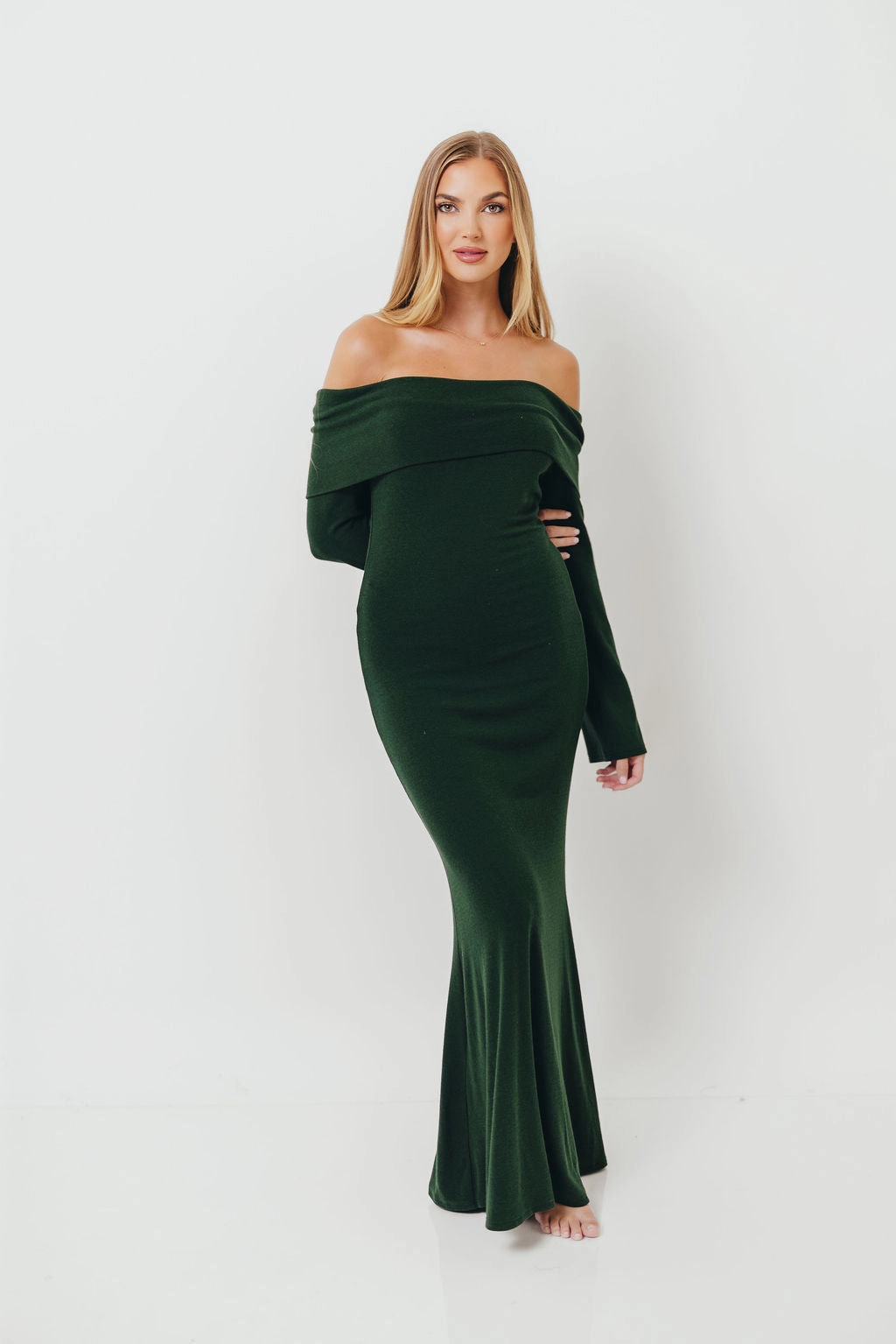 Monroe Maxi Dress with Long Sleeves in Hunter Green- Bump Friendly Long Sleeve Sophisticated Comfort
