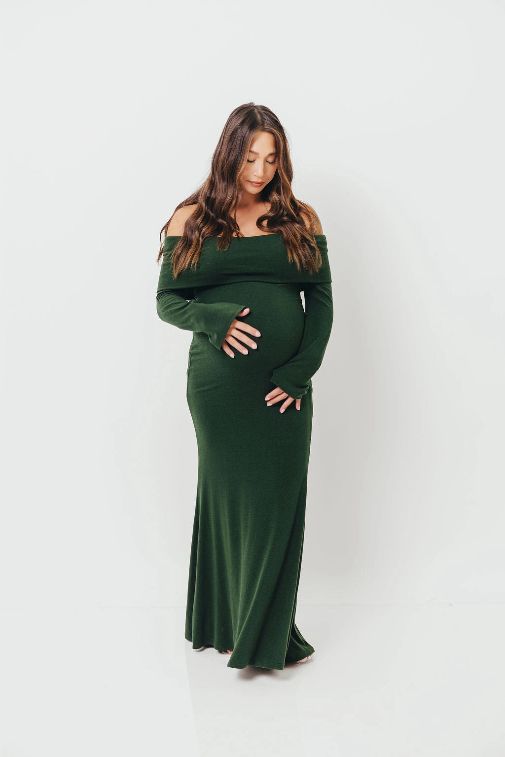 Monroe Maxi Dress with Long Sleeves in Hunter Green- Bump Friendly Soft Flow Easy Look