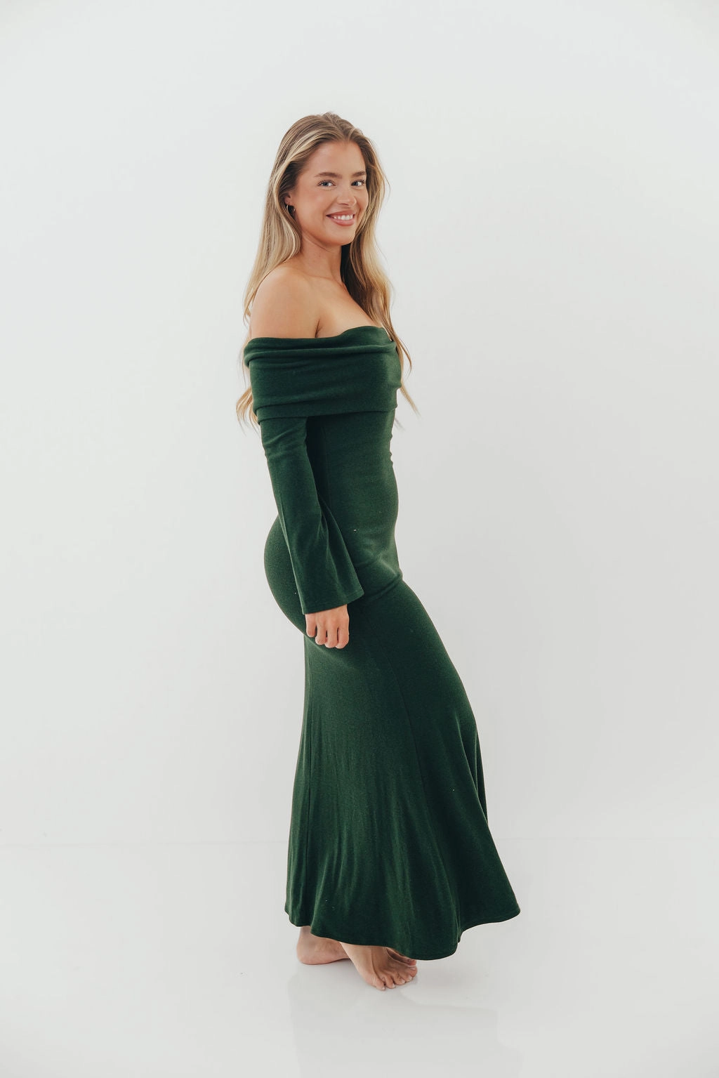 Monroe Maxi Dress with Long Sleeves in Hunter Green- Bump Friendly Elegant Silhouette Relaxed Design