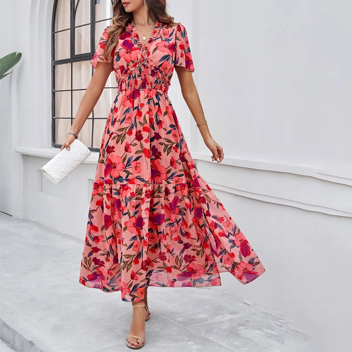 CASUAL PRINT DRESS WITH WAIST_CWDMD1953 velvet feel Romantic-Detail