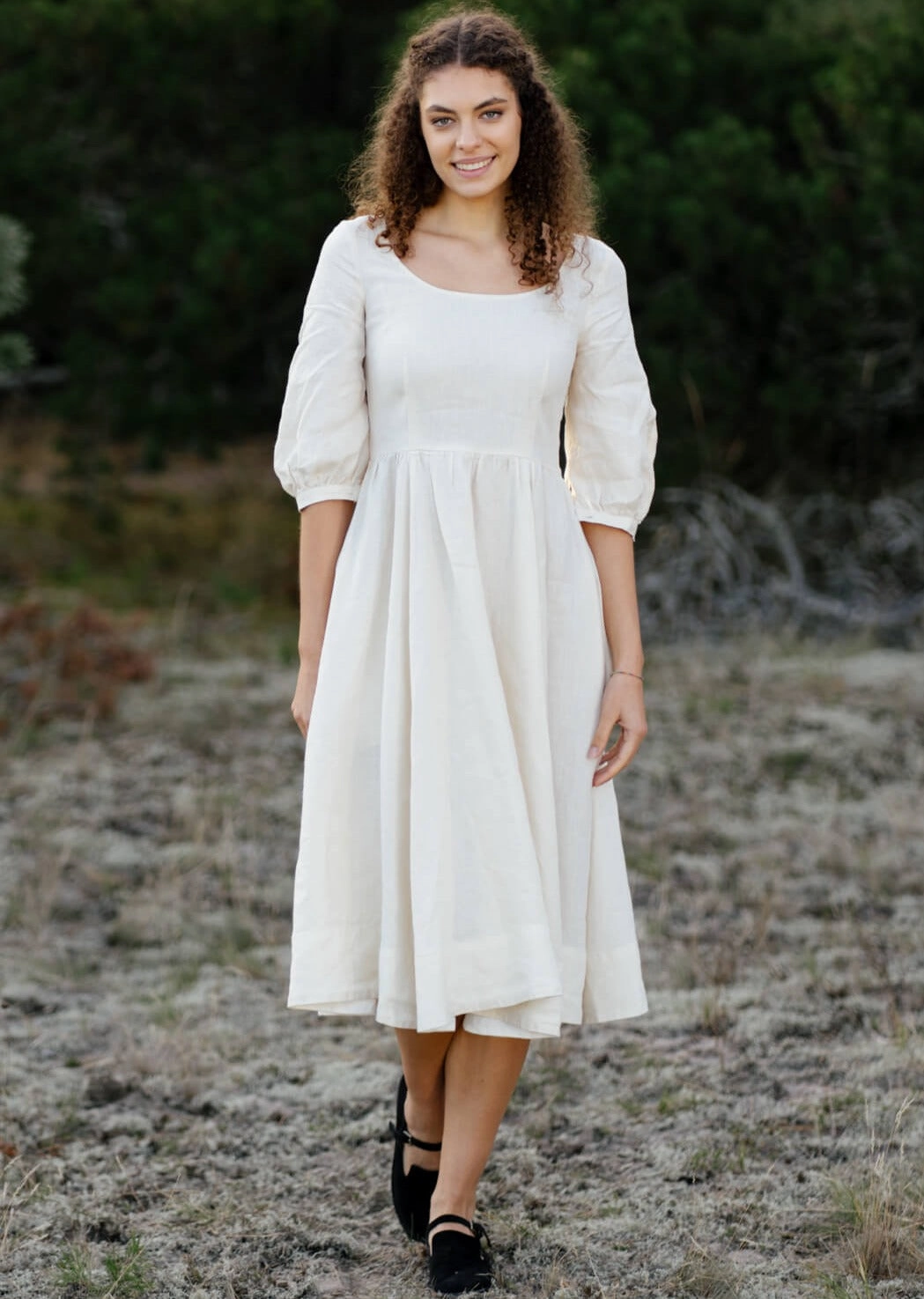 Carmen Dress, 3/4 Sleeve, Milky White, Hemp Neutral Mood