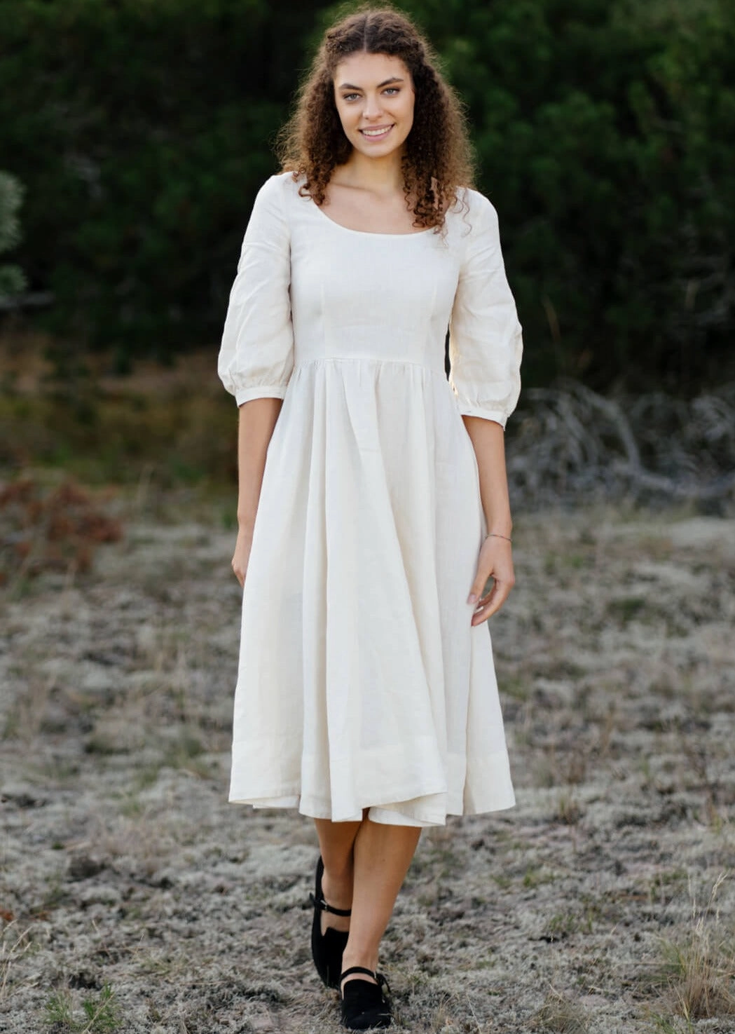 Pleated-Texture Carmen Dress, 3/4 Sleeve, Milky White, Hemp