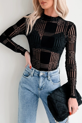 Seamless Design Weekend Trip Amazed By You Geometric Mesh Bodysuit (Black)