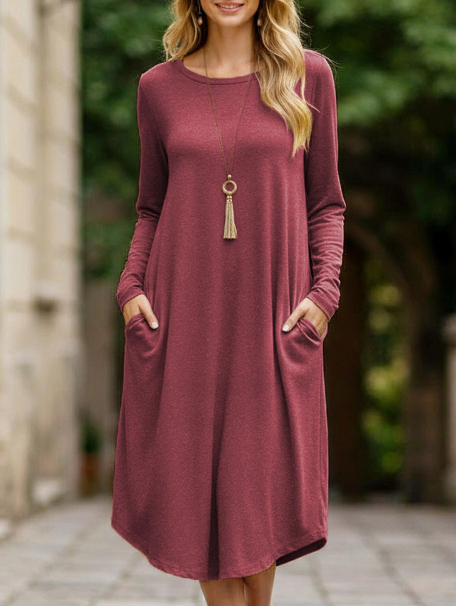 Midi-length round neck long-sleeved dress Stay Cool