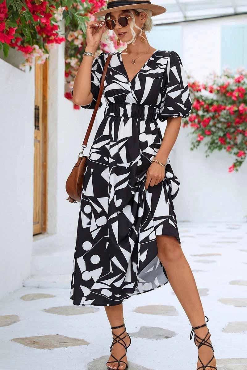 Stylish Mood Soft Harmony SHAPE PATTERN V NECK TIGHTEN WAIST PUFF DRESS