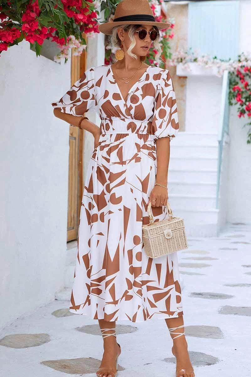 Bride Friend SHAPE PATTERN V NECK TIGHTEN WAIST PUFF DRESS