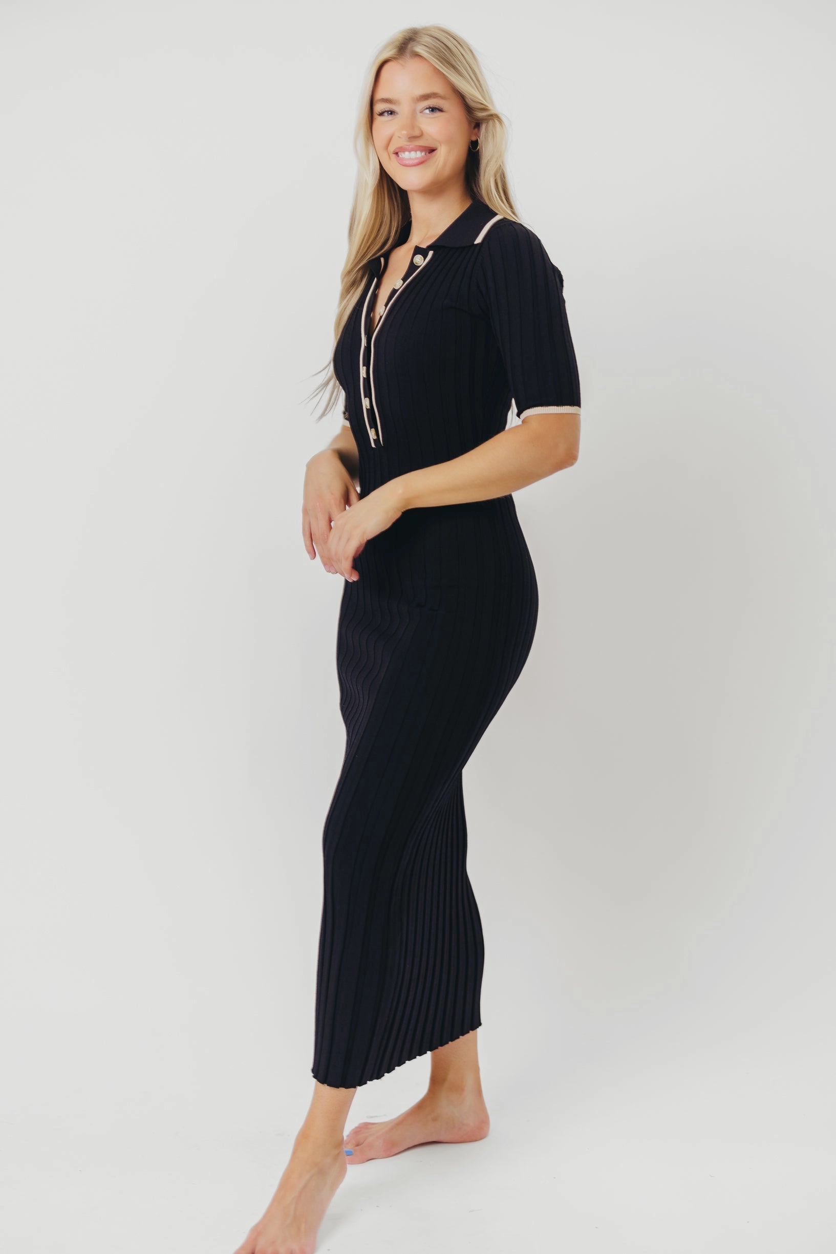 Addie Ribbed Button-Down Maxi Dress in Black - Nursing and Bump Friendly Tall Fit