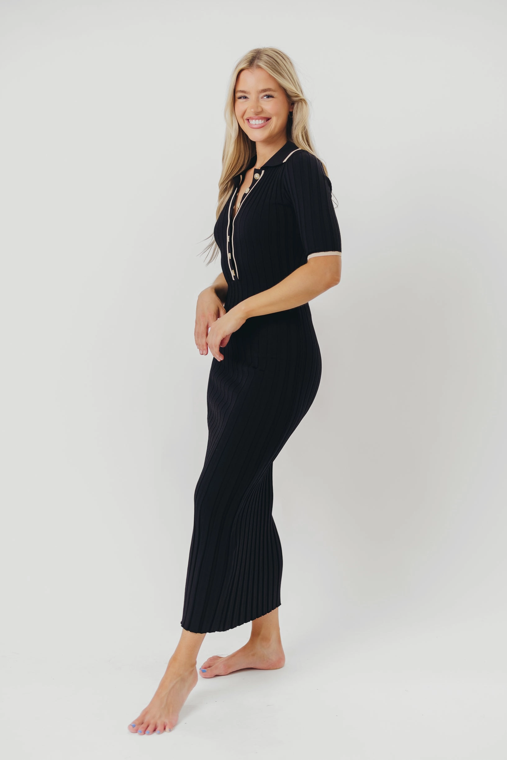 Addie Ribbed Button-Down Maxi Dress in Black - Nursing and Bump Friendly Chilly Weather Wear Tailored Comfort