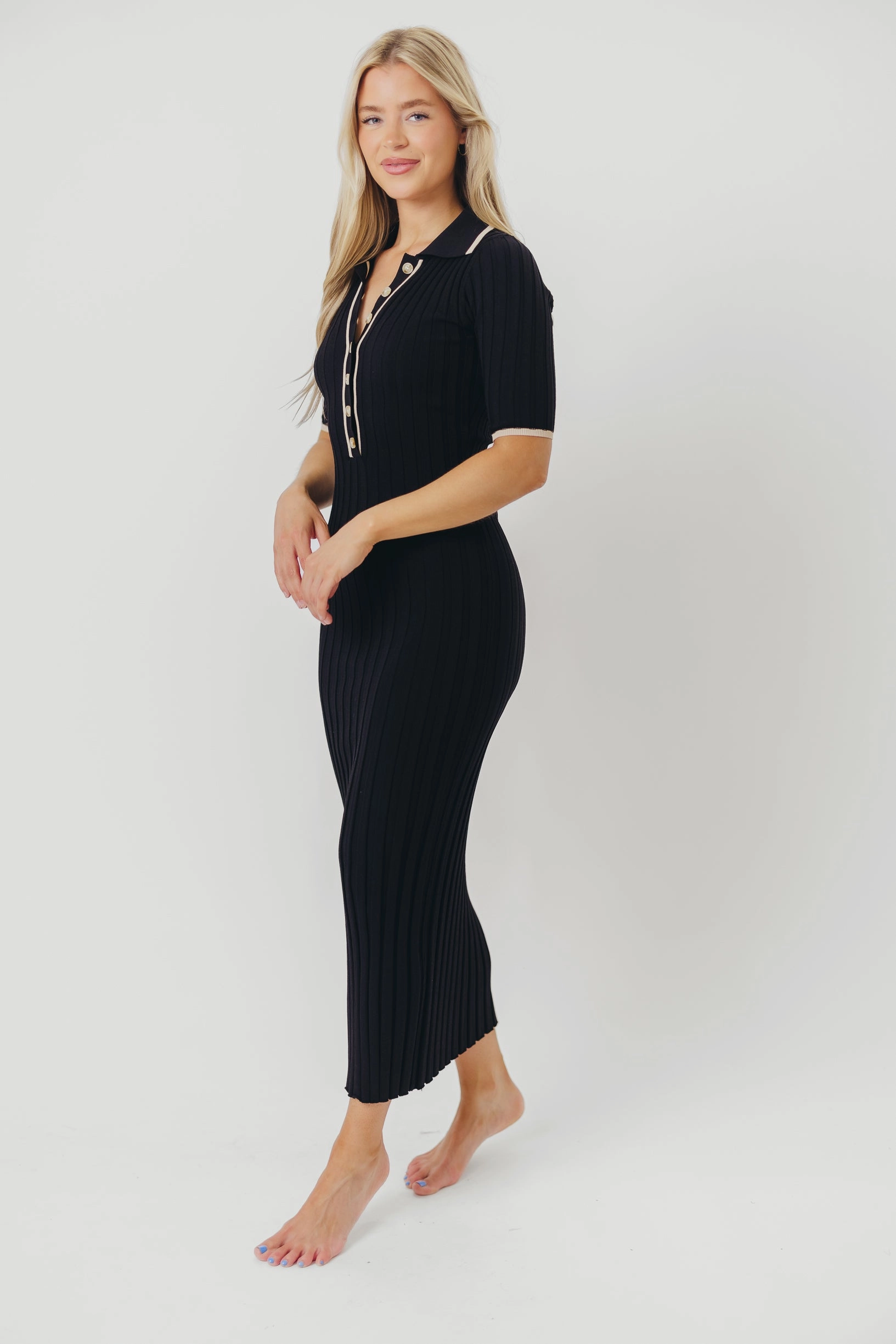 Addie Ribbed Button-Down Maxi Dress in Black - Nursing and Bump Friendly Urban Favorite