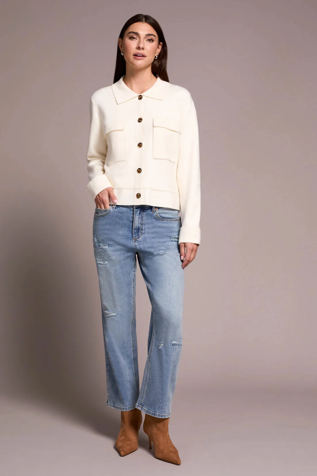 Quick Pull Zipper Tribal Double Knit Collared Sweater Cardigan in Moonstone