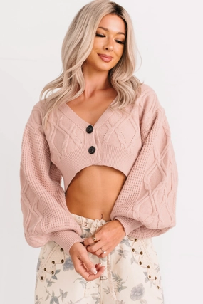 Crisp Clean Fit True Escapism Cropped Cable Knit Cardigan (Pink)