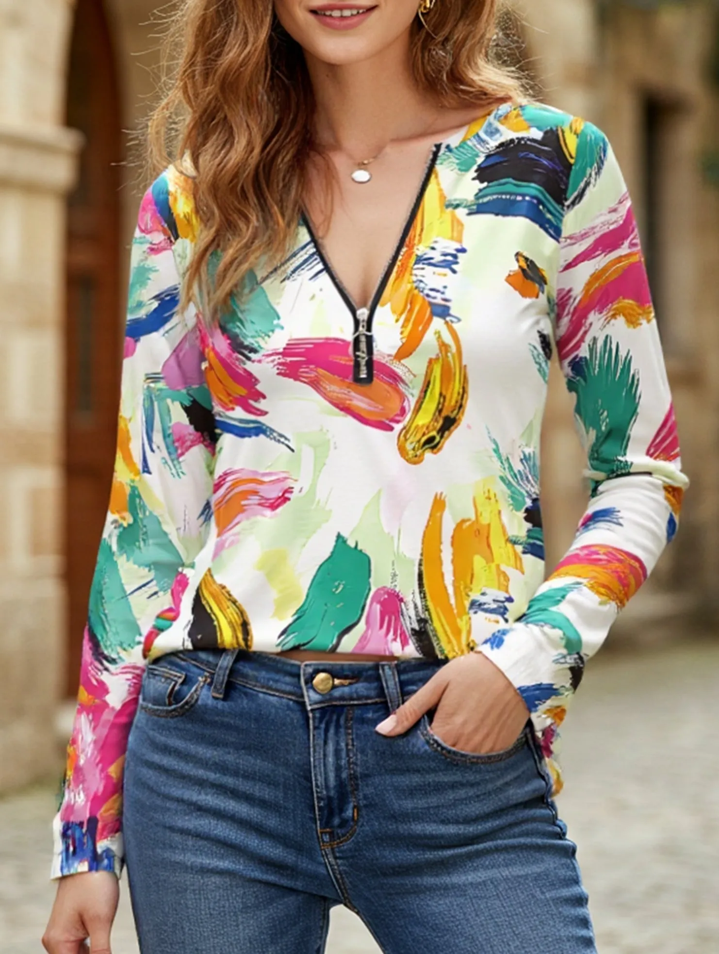 Geometric V-neck zip-up regular top FlexibleMobility Minimalist Collar