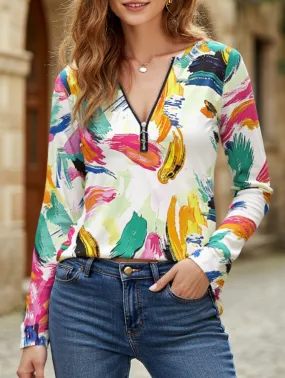 Geometric V-neck zip-up regular top Moisture Management Chic Cardigan