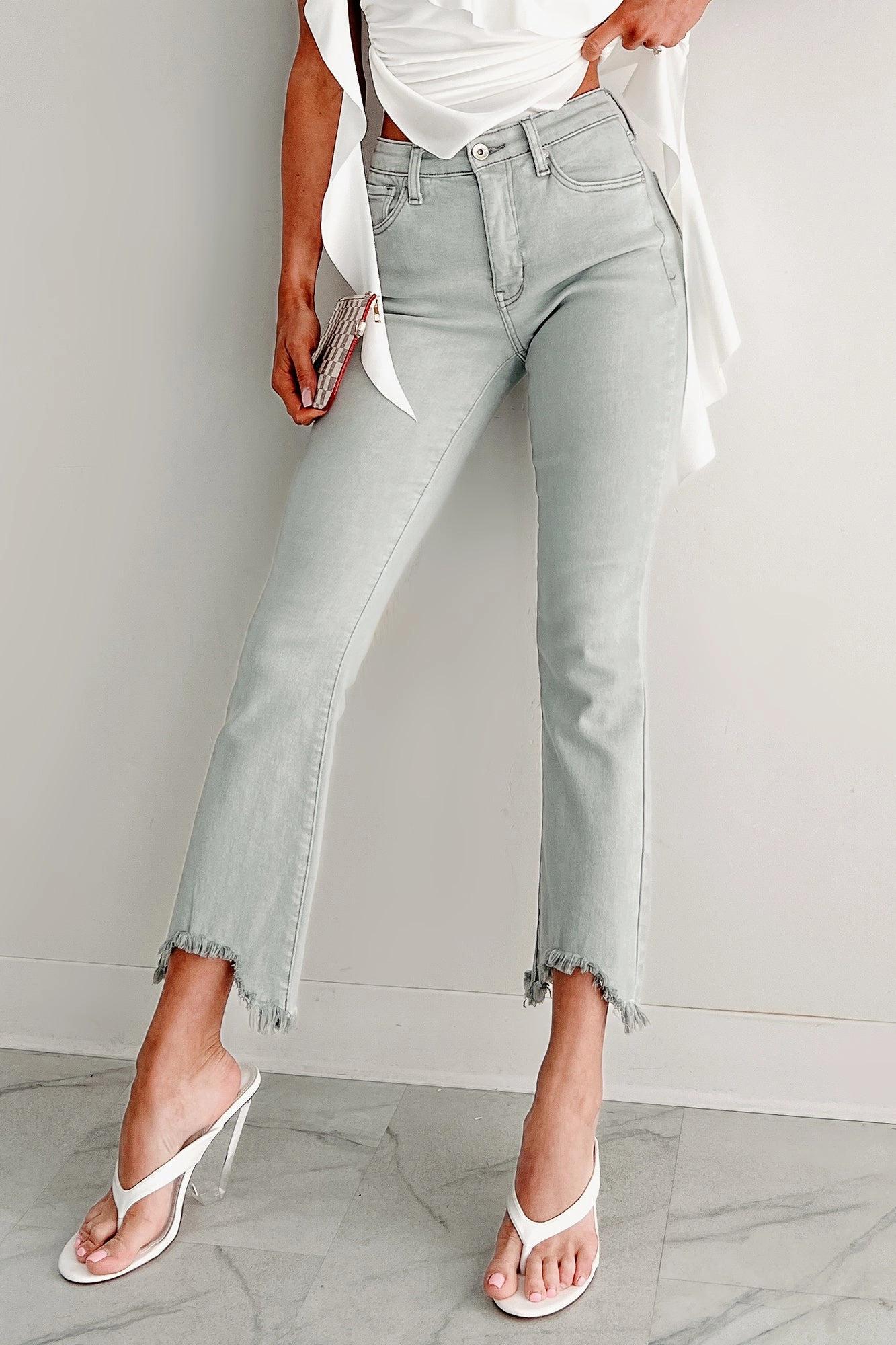 Classic Casual Tulsa Mid Rise Tummy Control Special A Kick Flare Jeans (Light Grey)