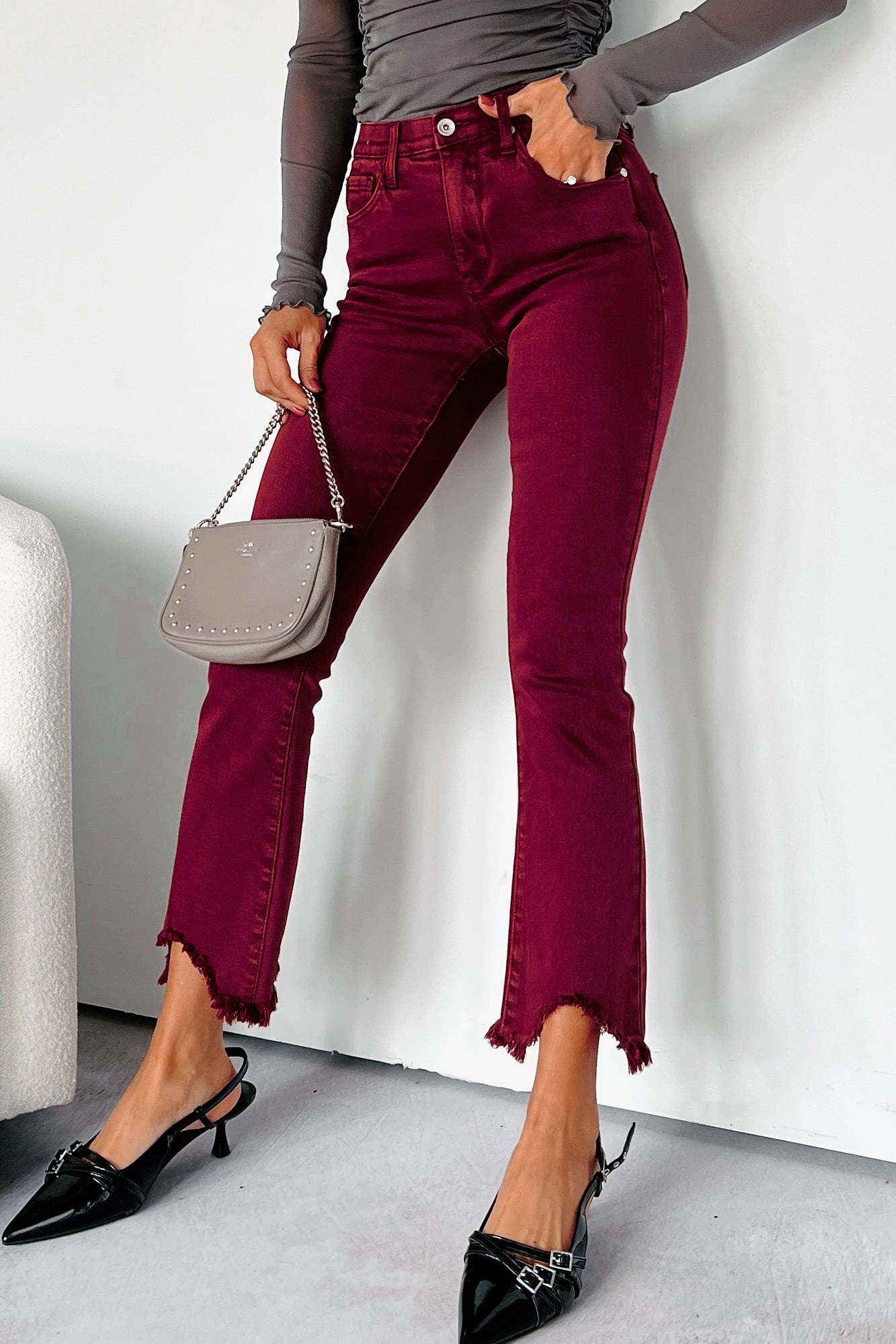 Style Essential Tulsa Mid Rise Tummy Control Special A Kick Flare Jeans (Wine)