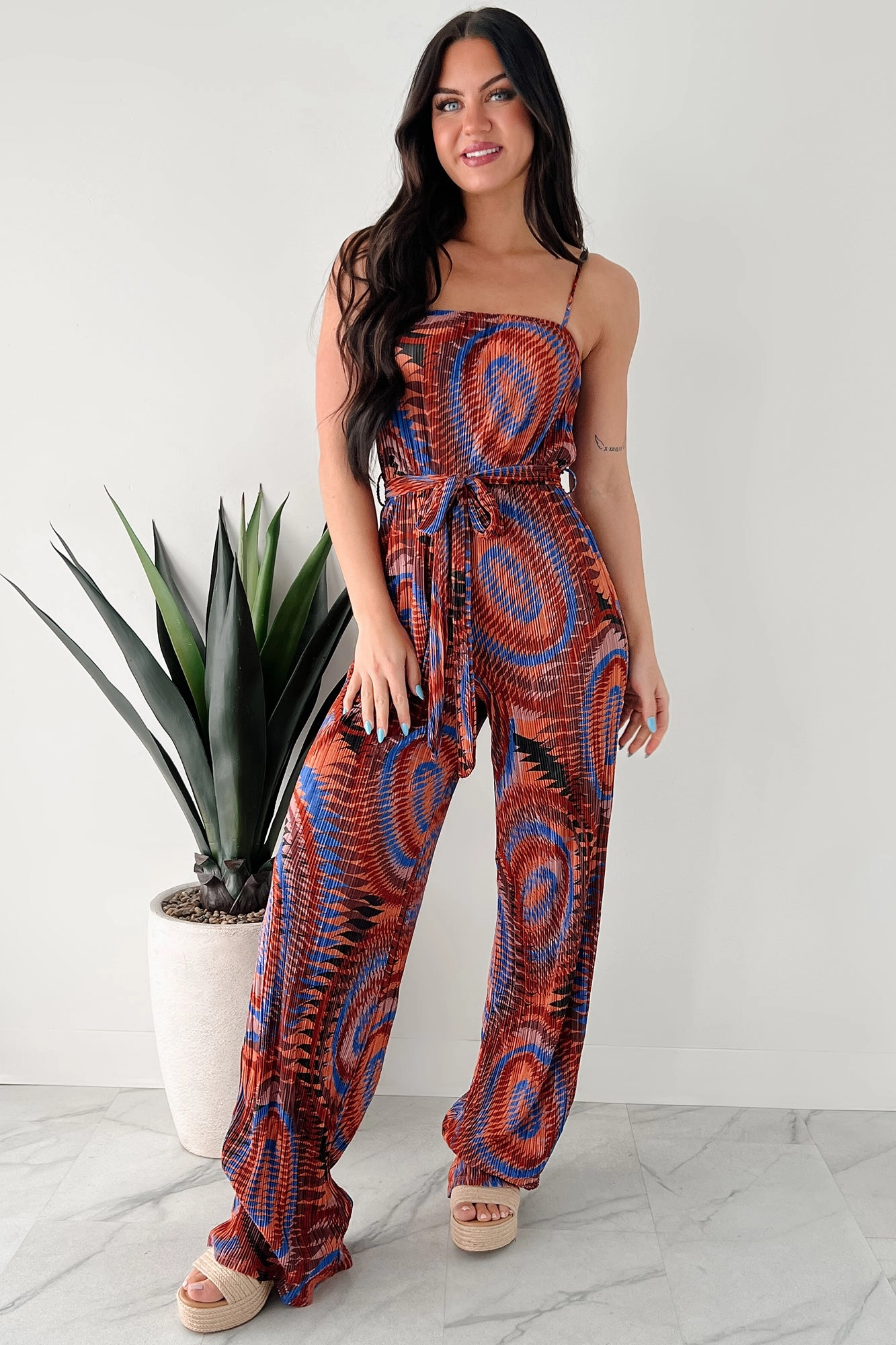 Turn Up The Volume Pleated Wide Leg Jumpsuit (Brick/Royal Blue) Dance Yoga