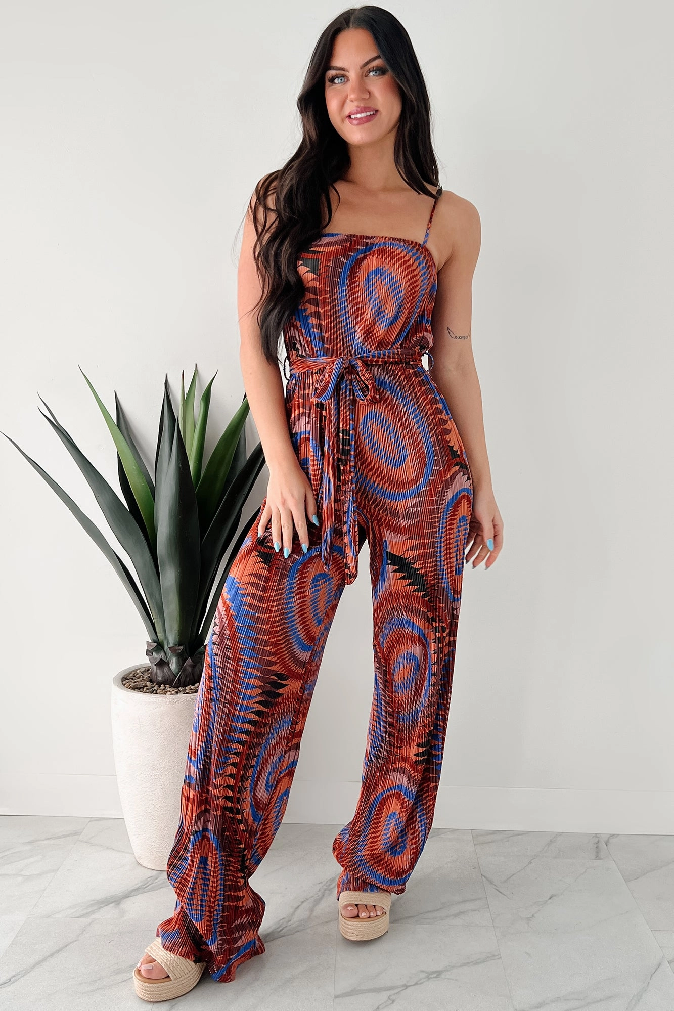 Cool Trendy Turn Up The Volume Pleated Wide Leg Jumpsuit (Brick/Royal Blue)