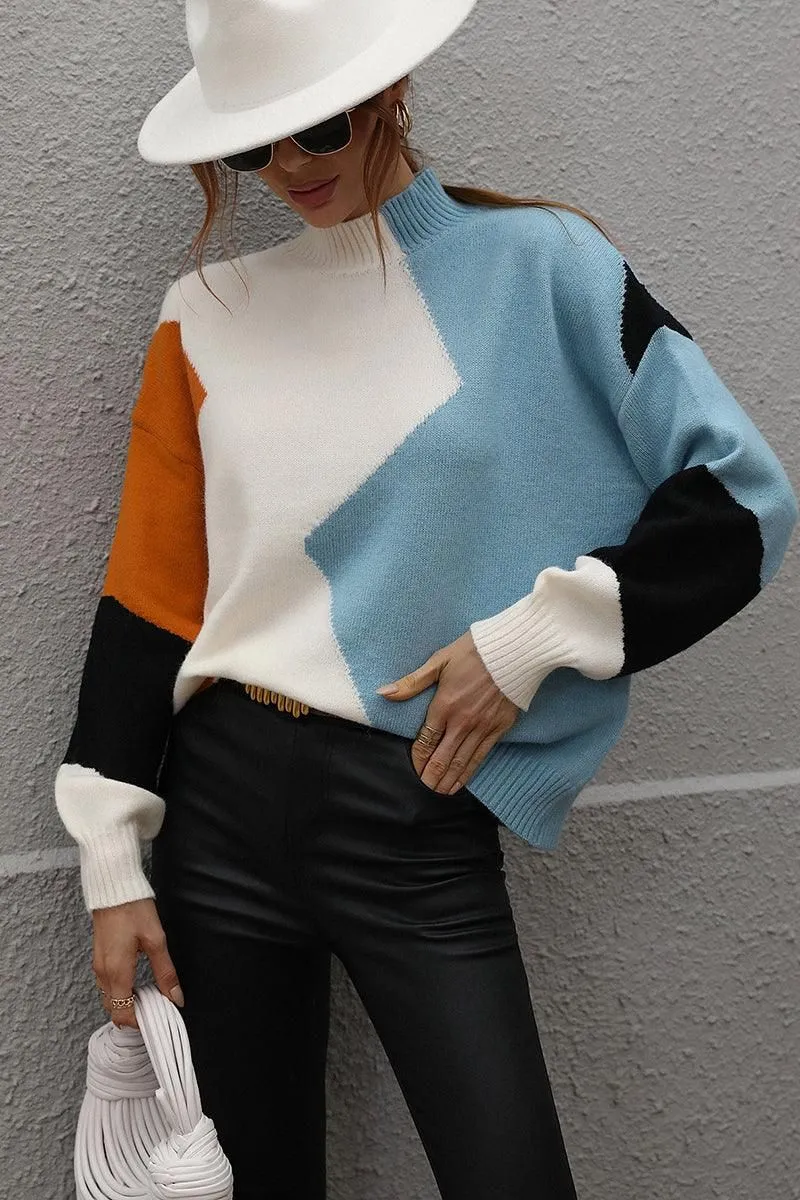 TURTLE NECK COLOR BLOCK CASUAL SWEATER TOP Flatlock Seams Double Layered Fabric