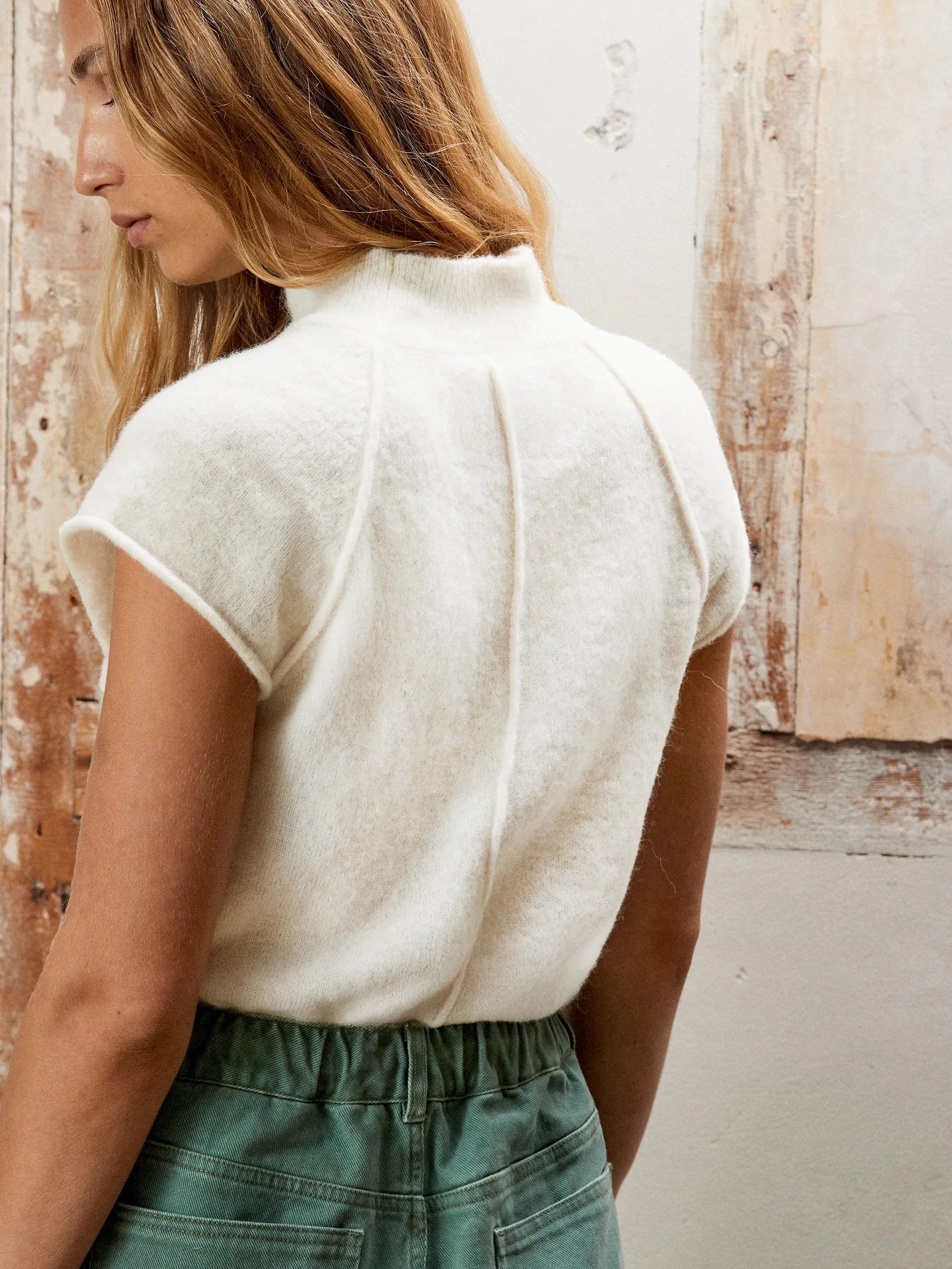 Turtleneck Knit Top with Wool and Alpaca Double Chest Pocket