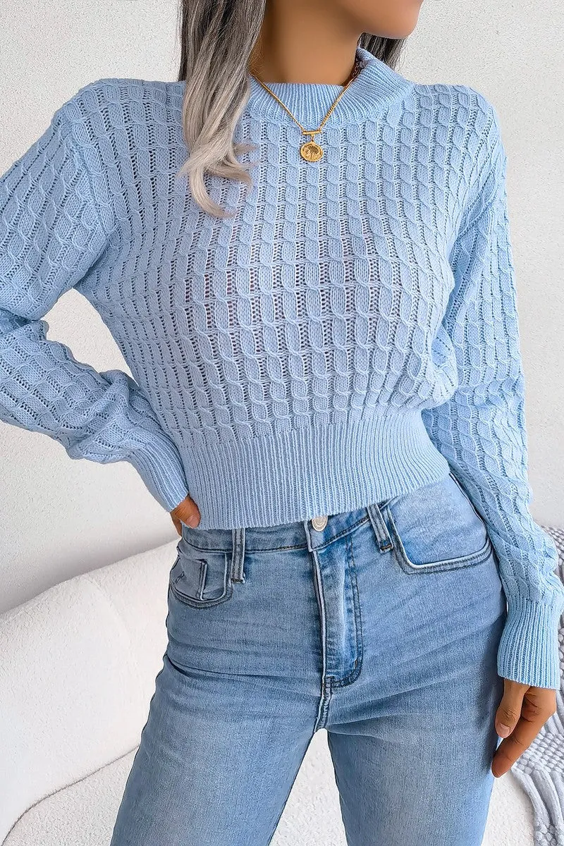 Relaxed Silhouette Premium Comfort TWIST CHUNKY CABLE KNIT RIBBED CROP SWEATSHIRT