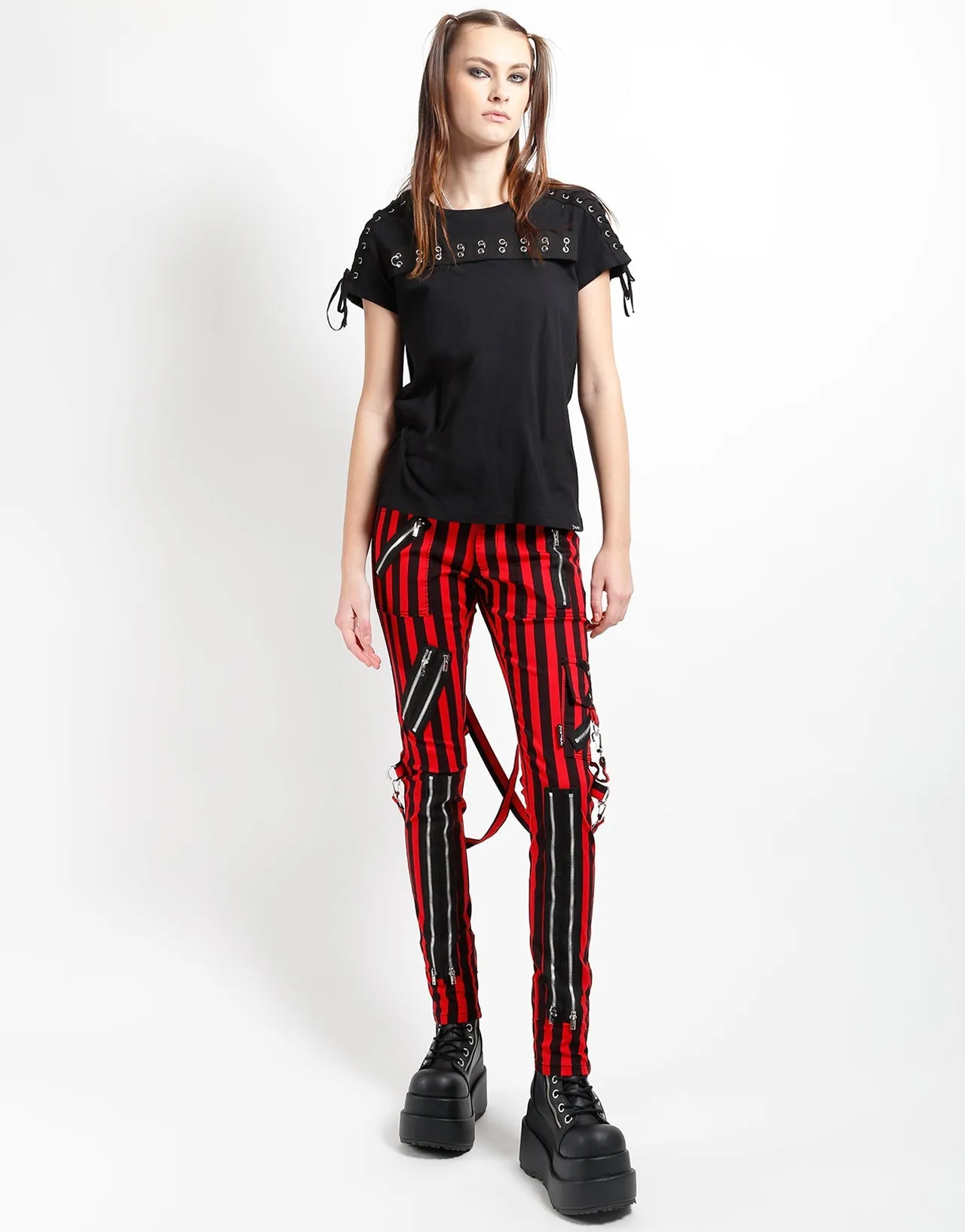 Comfy Design Cozy Casual CLASSIC SLIM LEG BONDAGE PANT MEDIUM BLK RED STRIPE